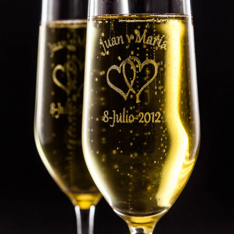 Pareja de copas de champán personalizadas con el diseño que necesite