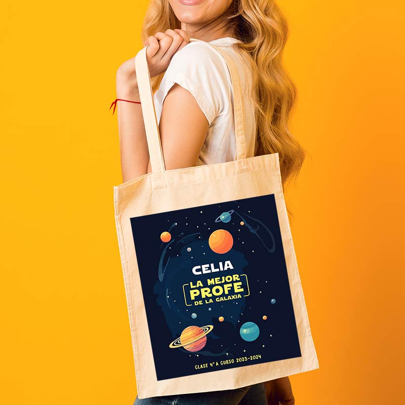 Regalos personalizados: Bolsas personalizadas: Bolsa tote BIO personalizada 'Mejor Profe de la Galaxia