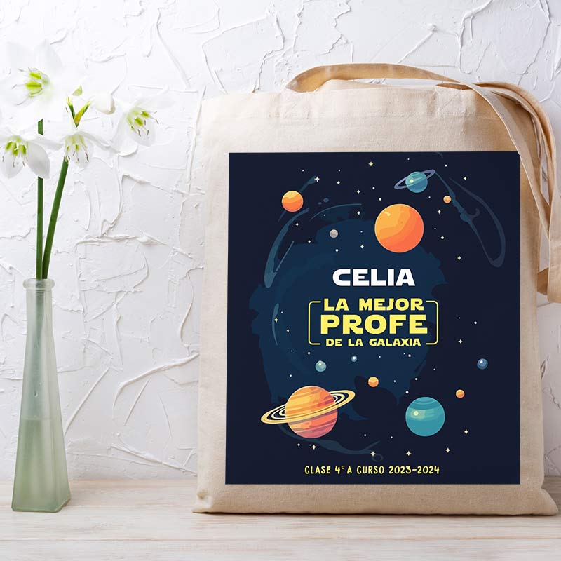 Regalos personalizados: Bolsas personalizadas: Bolsa tote BIO personalizada 'Mejor Profe de la Galaxia