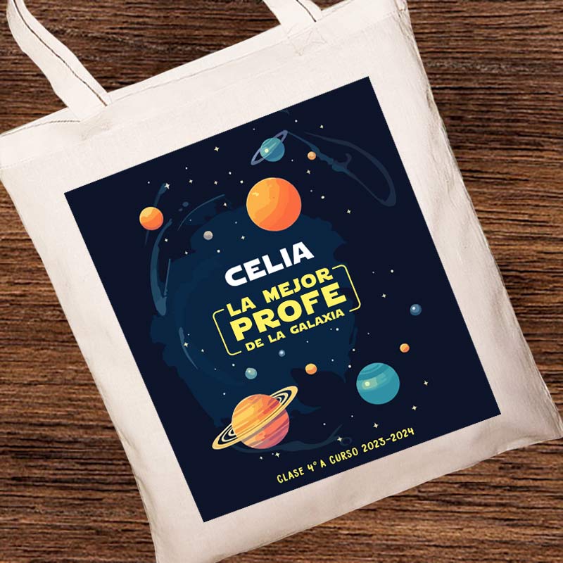 Regalos personalizados: Bolsas personalizadas: Bolsa tote BIO personalizada 'Mejor Profe de la Galaxia